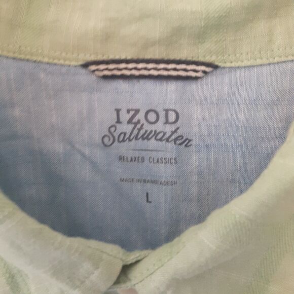 Izod Saltwater Adult Mens L Green 100% Cotton Short Sleeve Button Up Shirt - Picture 4 of 7
